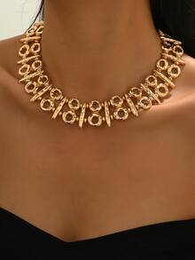 1 件女士时尚独特夸张金属纹理几何椭圆锤纹金属圆柱拼接颈链 - 金黃色 - 查看 9