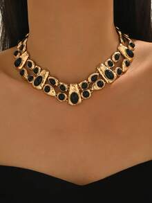 1 件女士时尚独特夸张金属纹理几何椭圆锤纹金属圆柱拼接颈链 - 金黃色 - 查看 15