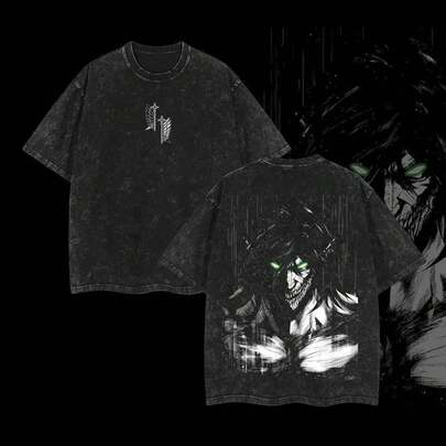 Ataque a los Titanes, Eren Yeager, forma de titán, , anime, manga, juego, camiseta vintage doble impresa, unisex, camisetas gráficas de algodón, top de los 90, camiseta de streetwear