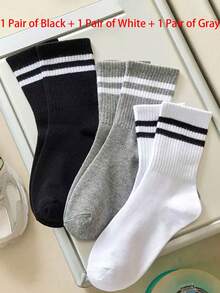 1/3/6 双装 黑/白/灰纯色双条纹男女通用中筒袜，休闲户外活动袜，男女通用加厚冬季长袜 - 黑與白 - 查看 9