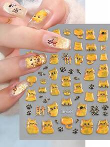 1张5D果冻可爱猫咪美甲贴纸，黑色黄色卡哇伊招财猫爪美甲贴纸，果冻设计，自粘小猫美甲贴纸，适合女性女孩美甲用品 - 彩色的 - 查看 2
