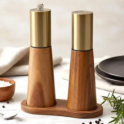 2pcs/Set Salt And Pepper Grinders With Wooden Base, Stainless Steel Manual Salt And Pepper Mill With Adjustable Ceramic Grinder, Suitable For Kitchen, BBQ, Picnic
