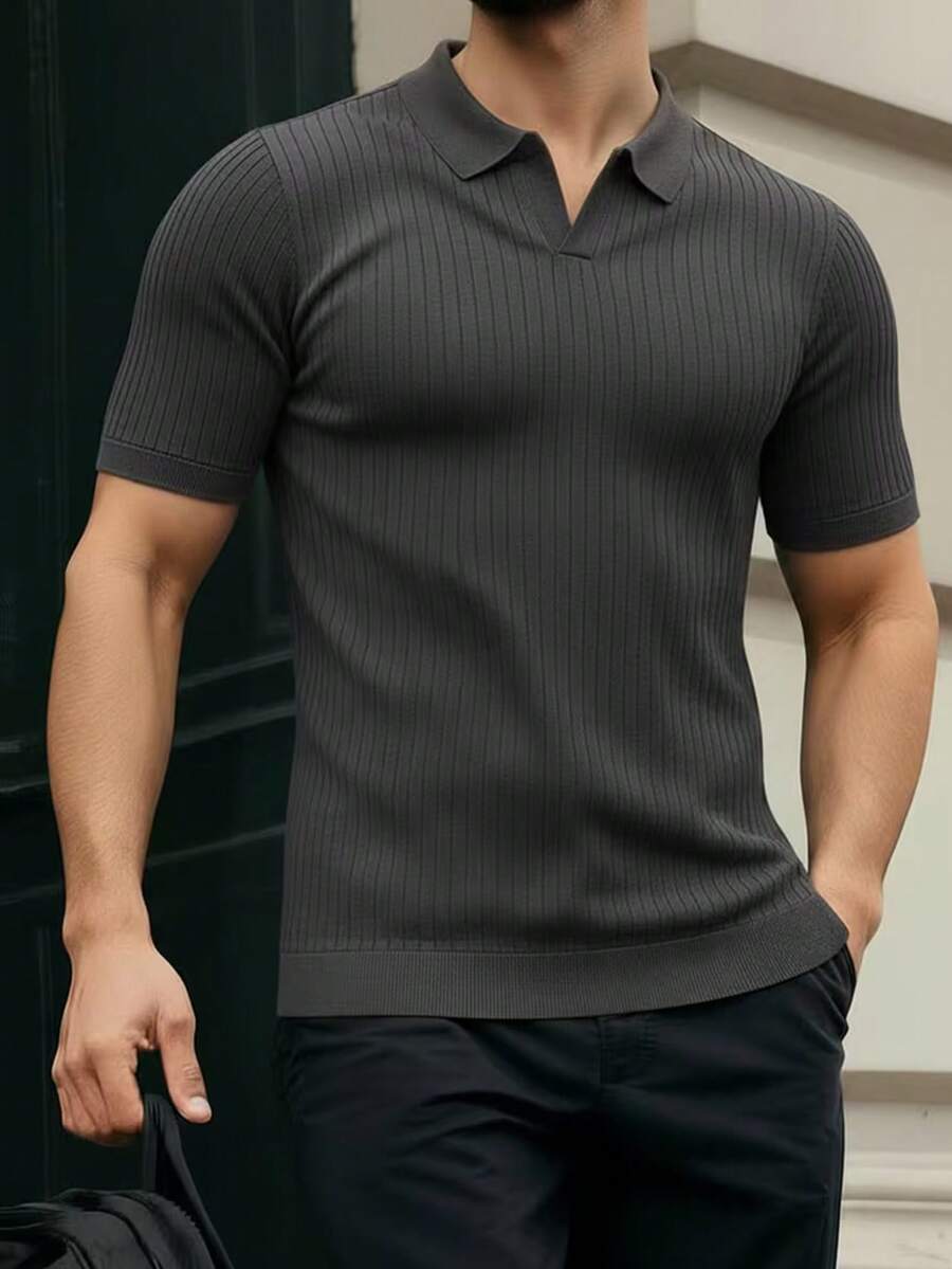 男士条纹 Polo 衫/开衫，翻领，纽扣开襟，短袖毛衣，1 件