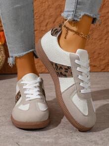 Women's Iridescent Leopard Print Low Top Sneakers - White Casual Glitter Shoes With Tan Gum Sole For Daily Streetwear - Beige - View 2