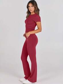 Lounge Sets For Women 2 Piece Foldover Yoga Flare Leggings Pants Crop Tops Casual Y2K Outfits Matching Tracksuit Set - 紅色 - 查看 3