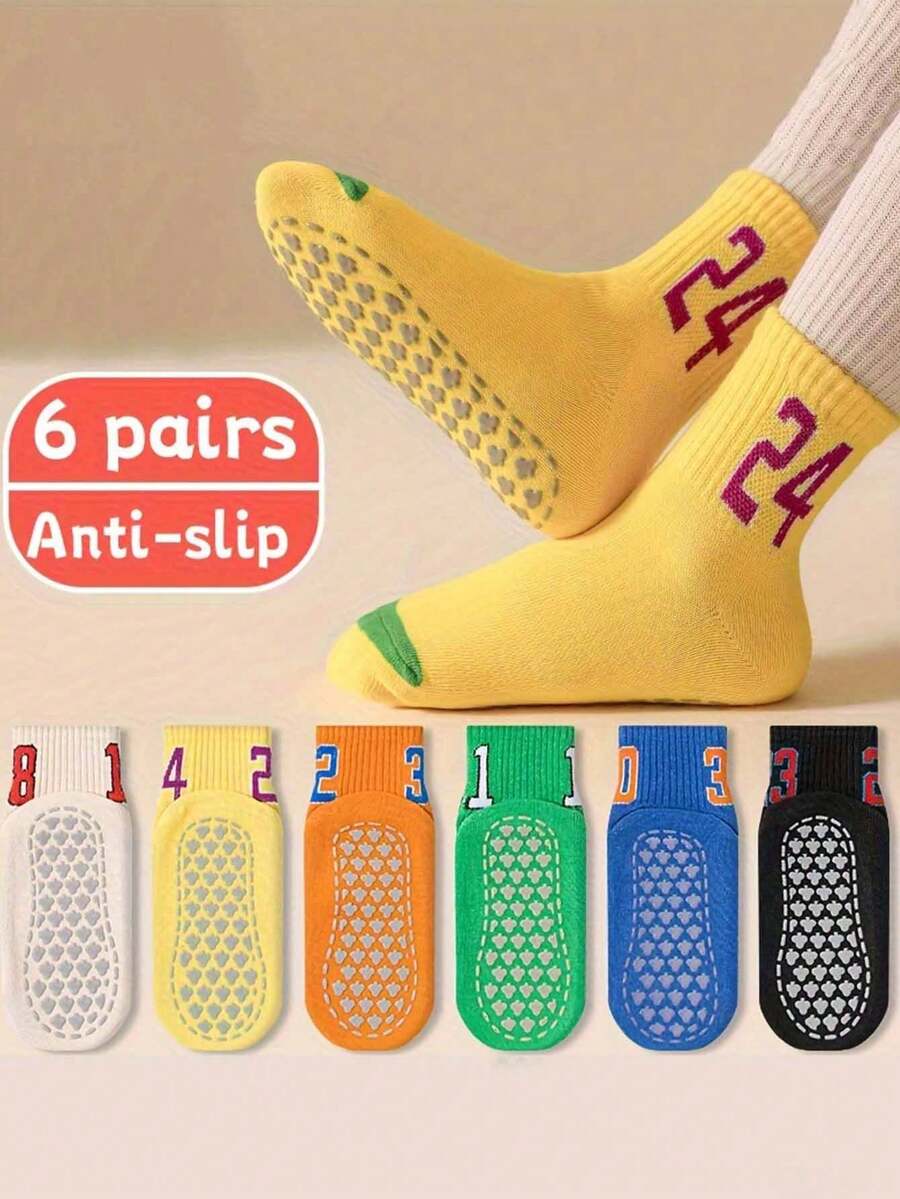 6 Pairs Kids Boys' Number Pattern Anti-Slip Soft Comfortable Socks - Multicolor - View 1