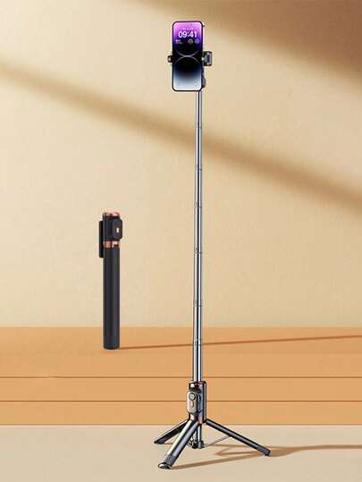 自拍杆带充电电池、遥控器、手机支架和内置三脚架，适合暑假、旅行、户外活动、直播三脚架