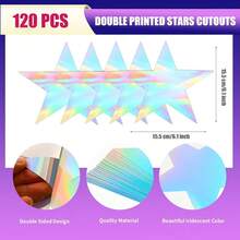 120 Pieces Iridescent Stars Cutouts Double Printed Star Cutout Aluminum Foil Paper Star Confetti Cutouts 6 Inch Large Glitter Stars Decoration For Bulletin Board Wedding Holographic Party Supplies - Iridescent - 查看 3