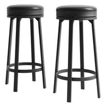 Juego de 2 taburetes de bar giratorios de 79 cm de altura, con giro suave de 360°, estructura de metal con reposapiés, cuero sintético impermeable, redondos y sin respaldo, color negro, para bar en casa y cocina. - Negro - Ver 8