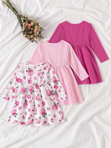 3件套女婴情人节碎花纯色罗纹纽扣吊带连衣裙 - 粉色 - 查看 2