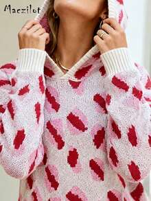 女士套头毛衣，豹纹连帽针织衫，印花设计，时尚百搭 - 玫紅色 - 查看 5