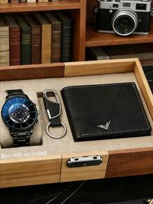 三件套商务男士腕表套装，包含一枚经典圆形黑色表盘腕表，搭配时尚黑色钱包和优雅金属合金钥匙扣礼盒。 - 黑色 - 查看 6