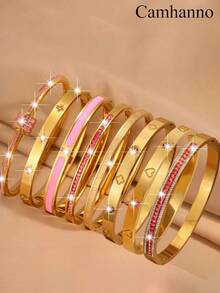 Camhanno 5件套金色首饰套装，时尚简约的不锈钢手镯，适合约会、派对聚会、日常通勤，精致的线条细节和抛光处理，是情人节的别致礼物，现代而优雅的款式，提升您的日常格调。 - 金色 - 查看 1