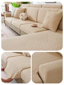 1pc Plush Jacquard Anti-Slip Sofa Seat Cushion Cover, Soft & Skin-Friendly, Pet-Proof, Elastic Sofa Slipcover, Suitable For L-Shaped Sofa And 1/2/3/4 Seater Sofa, Spring/Autumn (Sold Individually) - Khaki - View 9