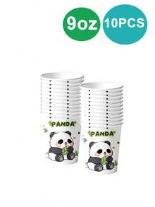 10-Piece Panda Themed Disposable Tableware Set Is Suitable For Birthday Decoration Party, Panda Paper Plate, Napkin, Paper Cup, Family Party, Friends Party, Outdoor Camping, Picnic, Party Supplies, Holiday Supplies - Multicolor - View 7