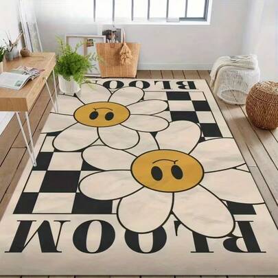 1 件装简约黑白格纹向日葵图案家居装饰地毯，适用于装饰地毯、卧室装饰、小地毯、客厅地毯、卧室地毯、客厅家居装饰、户外地毯、可水洗地毯、长毛绒地毯、厚地毯、厚地垫、毛绒地毯、秋冬季地毯、厚地毯