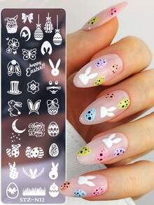 1件装复活节美甲模板，可爱兔子复活节彩蛋花朵设计学院美甲印花模板，DIY不锈钢美甲模板印花模具美甲工具 - 銀色 - 查看 8