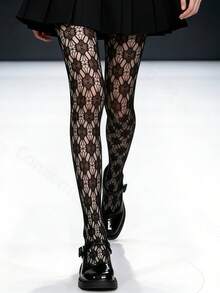 1双女士花卉图案网纱丝袜 - 透明镂空提花网纱连裤袜，甜美性感 - 黑色 - 查看 5