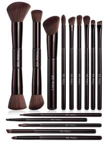 BS-MALL 22件套化妆刷套装，包含：14支高品质双头化妆刷、7个不同形状的化妆海绵、1个化妆包、1个纸盒。化妆工具，不掉毛，不刺激皮肤，三角形收纳盒，包含腮红刷、修容刷、眼影刷、高光刷、遮瑕刷。 - 咖啡棕 - 查看 9