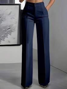 Jisfaneya Plus-Size Women's Solid-Color Pants With Pockets: Elegant, Office-Ready, And Versatile For Commuting - Navy Blue - View 2