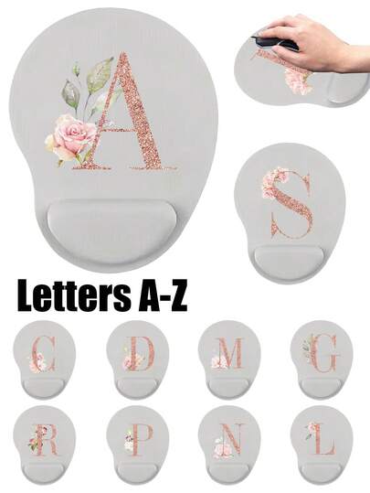 1-Piece Ergonomic EVA Gray Wrist Pad Mouse Pad, Printed With Pink Gold Flower Letter Pattern, Including A-Z Letters, Made Of Anti Slip Memory Sponge Material, Comfortable And Skin Friendly, Suitable For Office Desks, Computer Desks, Laptops, Etc. Suitable For Office Workers, Gamers, Home Decor, Teachers, Office Supplies, Valentine's Day Gifts, And Can Also Be Given As Gifts To Family And Friends. Essential For The Start Of School Season.