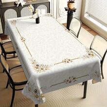 1pc Elegant Floral Tablecloth With Golden Accent - Luxury Rectangular Dining Table Cover, & Golden Floral Pattern, , Durable Linen Fabric For Wedding, Party, Everyday Use - Easy-Clean Kitchen & Dining Decor - Multicolor - View 1