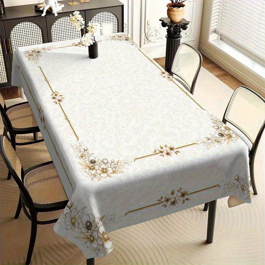 1pc Elegant Floral Tablecloth With Golden Accent - Luxury Rectangular Dining Table Cover, & Golden Floral Pattern, , Durable Linen Fabric For Wedding, Party, Everyday Use - Easy-Clean Kitchen & Dining Decor - Multicolor - View 1