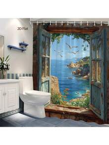 1pc Coastal Ocean View Shower Curtain - Vintage Seaside Landscape With Birds, Rocky Cliffs & Turquoise Waters, Polyester Fabric Bath Curtain 70.8x70.8 Inch With Hooks, Machine Washable Bathroom Decor For Coastal, Nautical - 浴簾1 - 查看 3