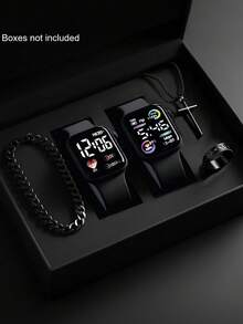 5件套男童时尚简约LED心形数字显示电子手表，适合男孩佩戴，配有时尚手链、项链和戒指套装，是送给男孩、学生的完美生日/节日礼物，非常适合上学、聚会、旅行和日常生活。毕业季、斋月、情人节也是送给男孩的完美礼物。 - 彩色 - 查看 1