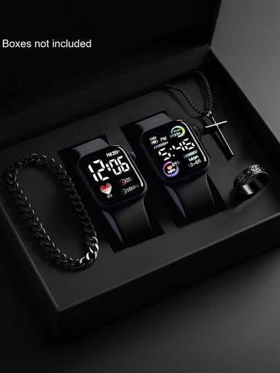 5件套男童时尚简约LED心形数字显示电子手表，适合男孩佩戴，配有时尚手链、项链和戒指套装，是送给男孩、学生的完美生日/节日礼物，非常适合上学、聚会、旅行和日常生活。毕业季、斋月、情人节也是送给男孩的完美礼物。