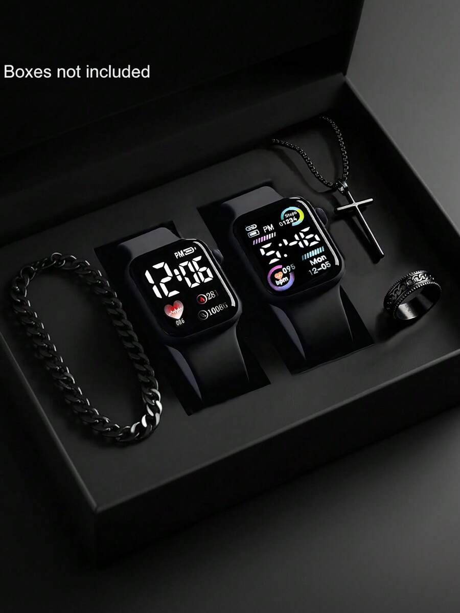 5件套男童时尚简约LED心形数字显示电子手表，适合男孩佩戴，配有时尚手链、项链和戒指套装，是送给男孩、学生的完美生日/节日礼物，非常适合上学、聚会、旅行和日常生活。毕业季、斋月、情人节也是送给男孩的完美礼物。 - 彩色 - 查看 1