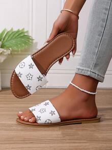 Damtofflor i H-form, avslappnad romersk stil, bekväm låg klack med präglad design, platta franska sandaler med strandmotiv - Vitt - Visa 6