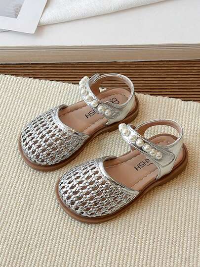 2026 New Girls' Lace Mesh Soft Leather Ankle Sandals, Decorated With Pearls, Elastic Strap At Heel, Cute & Fashionable Design