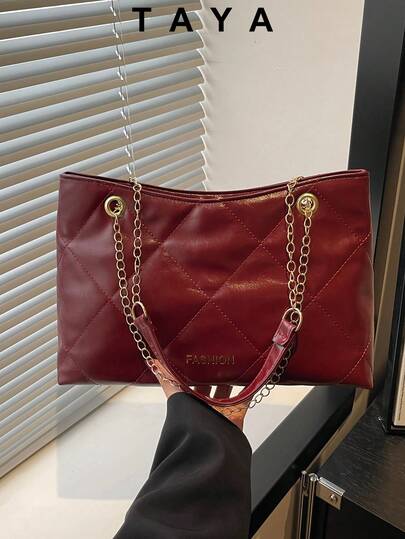 New Vintage Fashion Quilted Diamond Pattern Tote Bag, Zipper Opening, Metal Double Chain Strap, Small Capacity Lightweight Minimalist, Solid Color Soft Shoulder Bag. Suitable For Women's Daily Life, Casual, Commuting, Work, Vacation And Student Use.