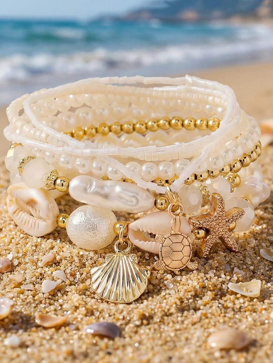 7pcs Fashionable & Elegant Bohemian Shell, Starfish & Faux Pearl Beaded Bracelet Set, Suitable For Women Beach, Vacation & Travel - Multicolor - View 1