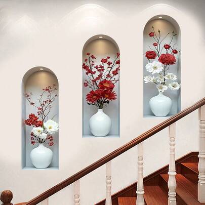 3pcs 3D Stereoscopic Effect Arch Potted Plant & Bouquet Wall Stickers, Removable Self-Adhesive Waterproof Decals, Suitable For Sofa Backdrop, Office Corridor Decor, And Indoor Art Props