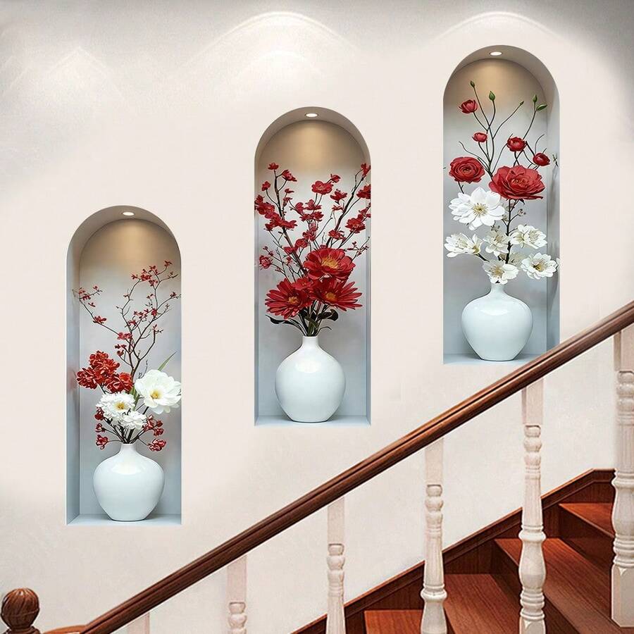 Bộ 3 miếng dán tường hình vòm cây cảnh và bó hoa 3D hiệu ứng lập thể, có thể tháo rời, tự dính và chống thấm nước, thích hợp để trang trí phông nền sofa, hành lang văn phòng và làm đạo cụ nghệ thuật trong nhà. - Hình dán tường hoa văn hình vòm - Xem 1
