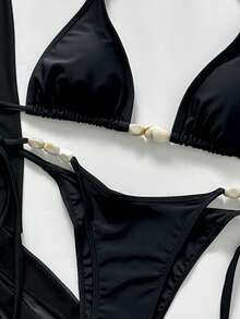 2026 New Solid Color Elegant Backless Tie-Up Decor Vacation 3 Pieces Set Beach Black Summer - Black - View 4