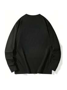 200g 100% Cotton T-Shirt, 2025, Women's Spring/Autumn Fashion, Printed Long Sleeve T-Shirt, Couple Style, Underwear/Outerwear, Office Casual, Round Neck, Long Sleeve Top - 黑色 - 查看 3
