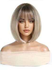 1pc Short Wavy Synthetic Hair Wig With Bangs, Natural Black Color, For Women - Blonde Ombre - View 4