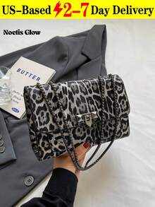 New Vintage Leopard Print PU Leather Flap Square Bag, Outdoor Vacation Travel Crossbody Bag, Elegant Banquet Party Mobile Phone Coin Purse, Versatile Business Commuter Chain Underarm Bags For Daily Office Use, Women Shoulder Bags - Multicolor - View 13
