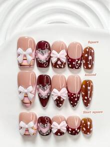 Bộ 10 móng giả gel phong cách cô gái ngọt ngào, móng acrylic, nơ hồng, đính đá lấp lánh hình trái tim, decal móng tay chấm bi nhiều màu sắc vẽ tay, sơn móng tay màu be & hồng, quà tặng chất lượng dành cho phụ nữ và bé gái, bao gồm dụng cụ làm móng (1 miếng dán gel + 1 dũa móng), có 3 kích cỡ: vuông, hạnh nhân, vuông ngắn, dụng cụ làm móng thủ công. - Nhiều màu - Xem 1