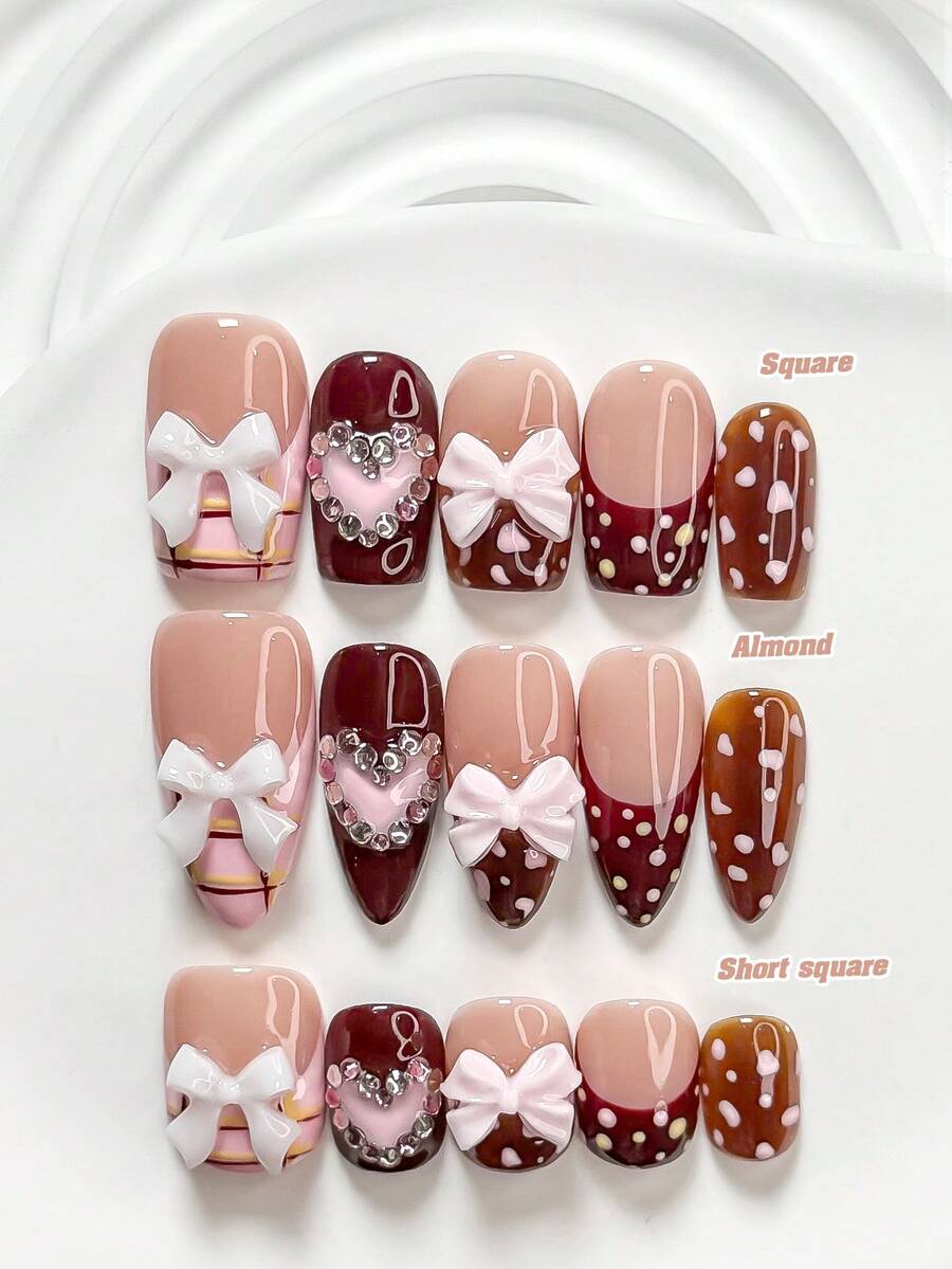 Bộ 10 móng giả gel phong cách cô gái ngọt ngào, móng acrylic, nơ hồng, đính đá lấp lánh hình trái tim, decal móng tay chấm bi nhiều màu sắc vẽ tay, sơn móng tay màu be & hồng, quà tặng chất lượng dành cho phụ nữ và bé gái, bao gồm dụng cụ làm móng (1 miếng dán gel + 1 dũa móng), có 3 kích cỡ: vuông, hạnh nhân, vuông ngắn, dụng cụ làm móng thủ công. - Nhiều màu - Xem 1