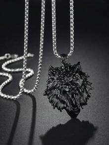 1件黑色3D立体凶猛狼头吊坠项链 - 狼頭 - 查看 8
