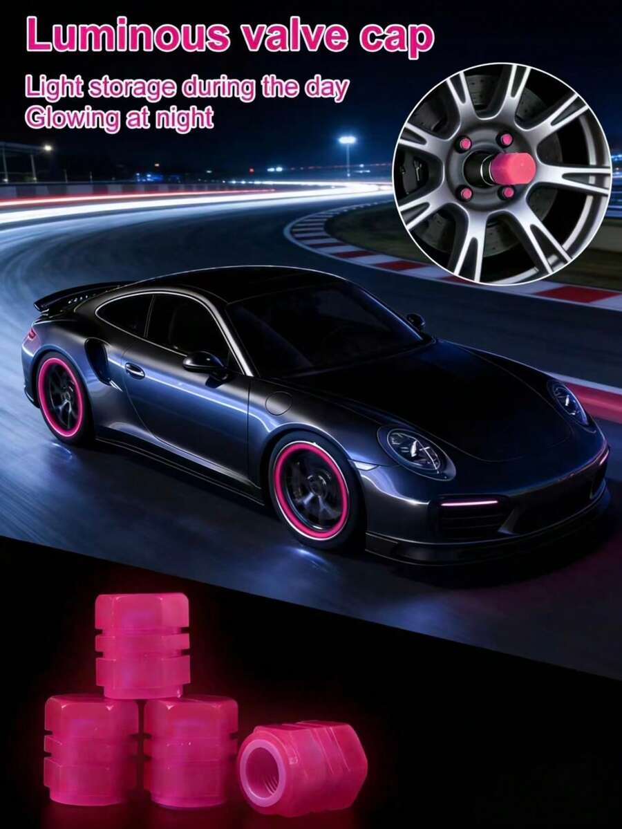 4pcs Neon Glow Tire Valve Caps - Hexagon Glow Tire Valve Caps, Glow Tire Valve Stem Caps For Motorcycle, Bike, Car, Durable ABS Plastic, Fit All Rim Sizes, Fashionable Vehicle, Bicycle, Motorcycle Accessories, Glow-In-The-Dark Function - Multicolor - View 1