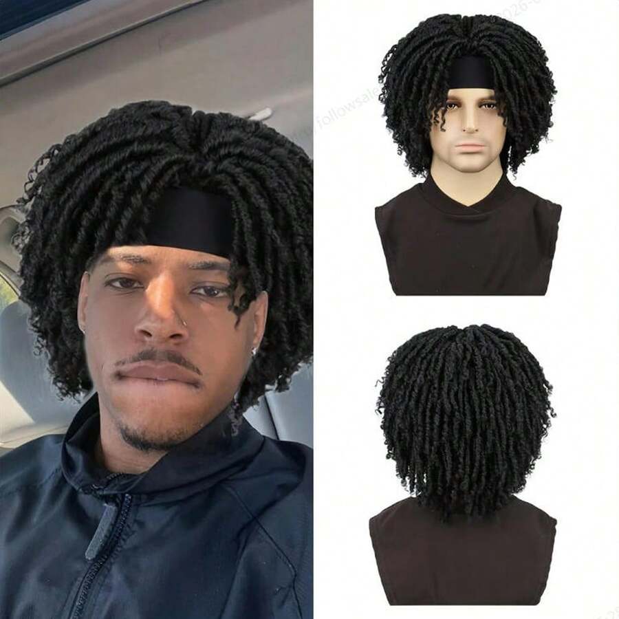 Men Dreadlock Wig Black Headband Wig Synthetic Afto Twsit Braids Headband Wig Soft Faux Locs Hair Wig With Hairband - Black - View 1