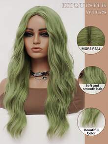 clouder Gothic Punk Green Long Wavy Curly Wig 26-Inch Center-Parted Bangs Heat-Resistant Synthetic Fiber Wig Women's Soft Voluminous Curls Suitable For Daily Cosplay, Street Style, Holiday Parties, Music Festivals, Y2K Aesthetic, Avant-Garde College Style, Modern Fashion Punk Looks - Green - View 8