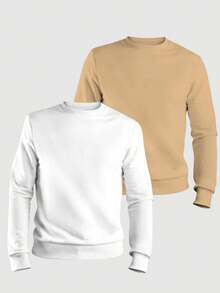 ZUKKER Kit Of 2 Men's Plain Crew Neck Sweatshirts, Flannel Lined Winter Jacket, Unisex Cotton, Immediate Shipping, Various Colors, Ribbed Cuffs - 米色/白色 - 查看 1