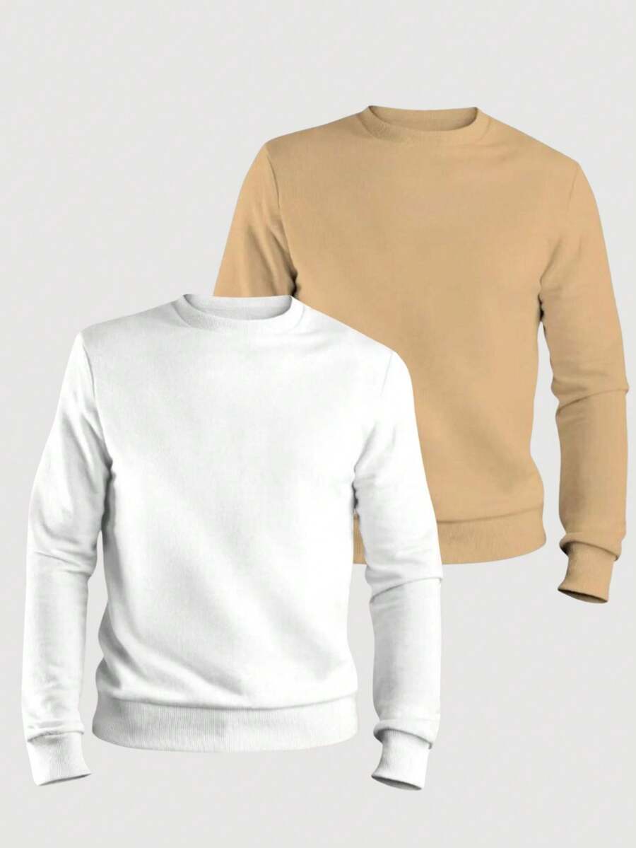 ZUKKER Kit Of 2 Men's Plain Crew Neck Sweatshirts, Flannel Lined Winter Jacket, Unisex Cotton, Immediate Shipping, Various Colors, Ribbed Cuffs - 米色/白色 - 查看 1