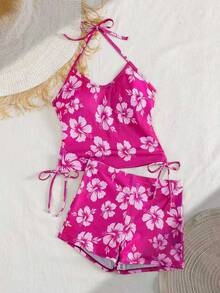 2 pièces/set Maillot de bain tankini à imprimé floral avec Top à bretelles et short modeste, style élégant et sexy pour les vacances à la plage en été - Multicolore - Voir 6